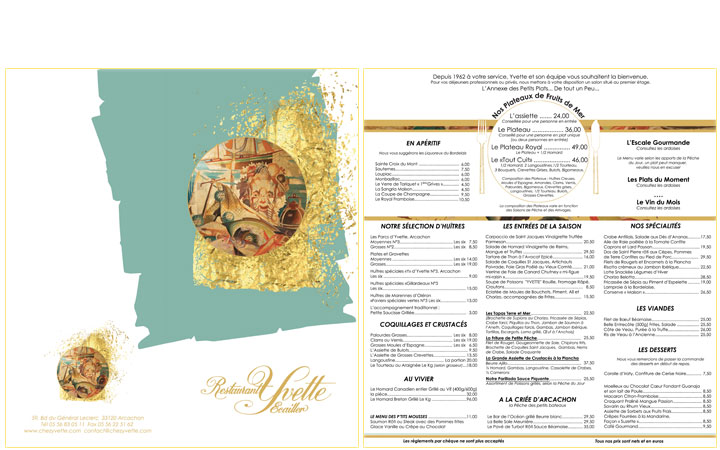 Carte des menus - recto Refonte identit - Restaurant Chez Yvette, Arcachon - 2012